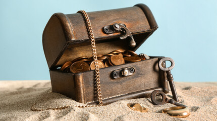Old chest with treasures and keys on sand against blue background © Pixel-Shot