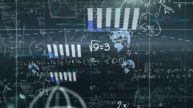 On sequence starting math globe fading, scaling, bars lifting, blue fills extending showing metrics