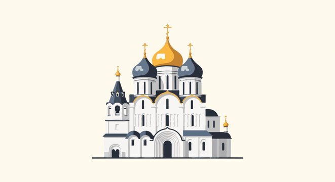 Stylized Orthodox church with golden and grey domes on white structure