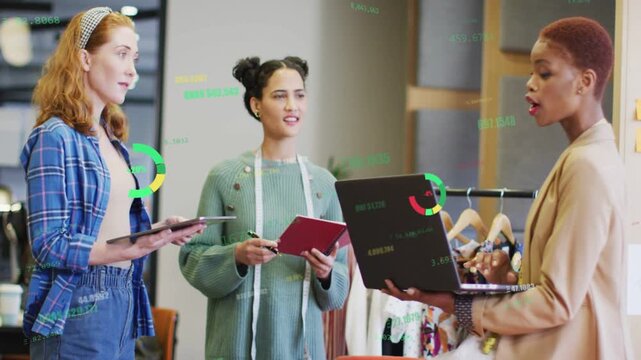 Vertical video: Laptop prompt starting meeting, women showing laptop, gesturing, jotting sales data