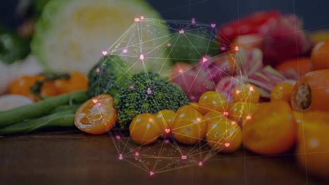 Fresh produce on wood, round mesh appearing over, animating pulsing node icons promoting food sales