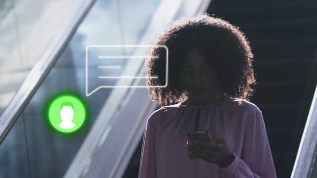 Woman holding mobile looking while green icon popping chat bubble filling near ear checking texts