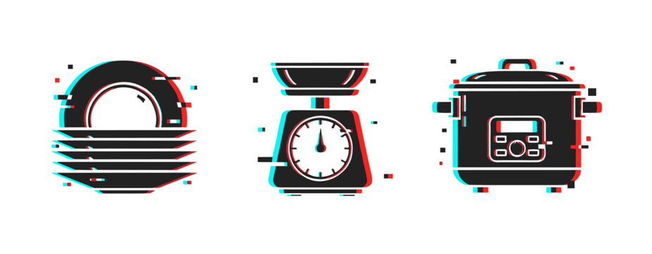 Kitchen utensil icons showing stacked plates scale and rice cooker. Glitch effect