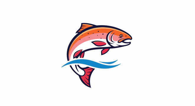 Stylized salmon leaping over blue waves, dynamic pose