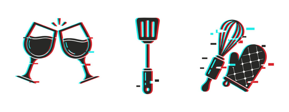 Kitchen icons showing drinkware, utensils and baking tools on white. Glitch effect