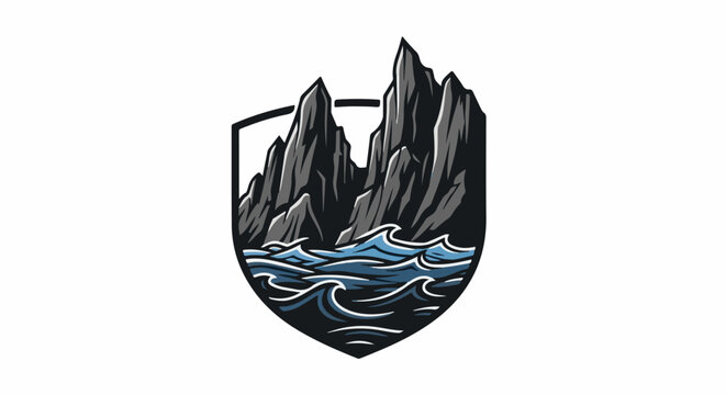 Stylized shield with jagged rocks above crashing ocean waves