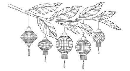 Obraz premium Asian lanterns, hanging ornaments, leafy branch, black and white vector, decorative elements