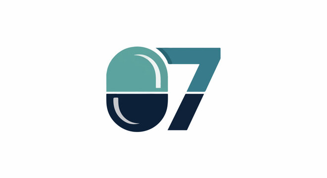 Stylized pill shape merging with digit seven in teal and navy
