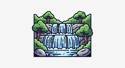 Obraz premium Stylized pixel art depicts a lush, multi-tiered waterfall cascading into a serene pool