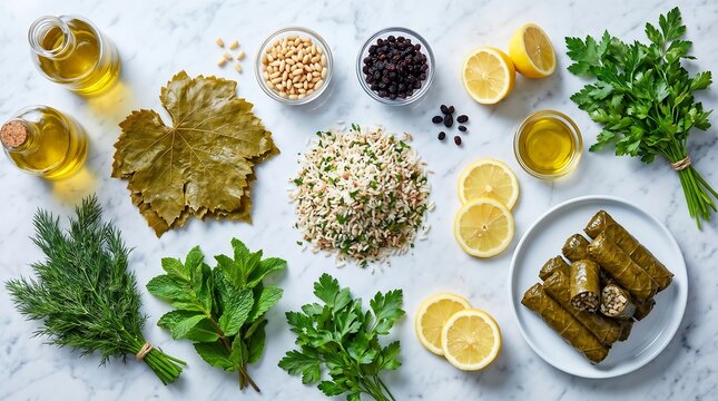 Overhead flat lay of dolmas ingredients including grape leaves, rice, herbs, lemon slices, and spices on a marble surface with a plate of stuffed dolmas.