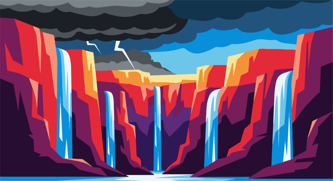 Stylized pixel art of cascading waterfalls during a thunderstorm with lightning