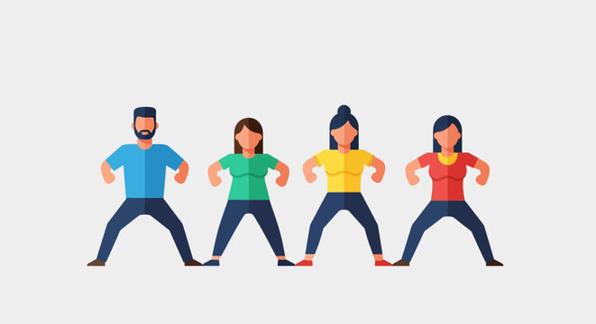 Diverse group of young people performing squat exercises together in a fitness class.