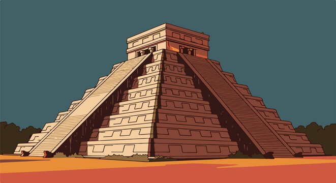 Stylized pixel art pyramid with stone steps and snake heads at its base