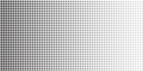 Fototapeta premium Dotted halftone gradient texture. Fading polka dot background. Repeated dots gradation pattern. Black vanishing comic pop art overlay backdrop. Halftone raster effect wallpaper. Vector Ilustration