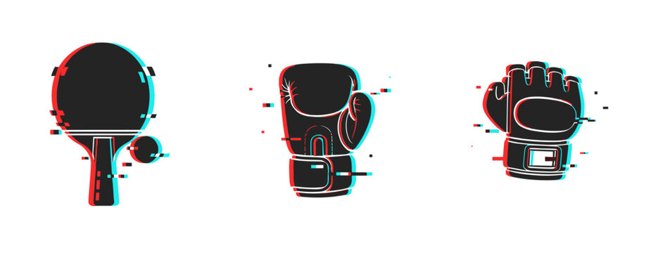 Glitchy sports gear: ping pong, boxing, mma glove design with 3d effect