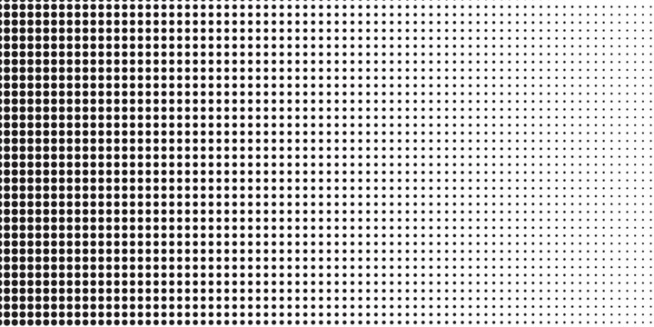 Dotted halftone gradient texture. Fading polka dot background. Repeated dots gradation pattern. Black vanishing comic pop art overlay backdrop. Halftone raster effect wallpaper. Vector Ilustration