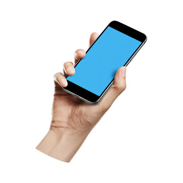 Hand holding a smartphone with a blank blue screen isolated on transparent background