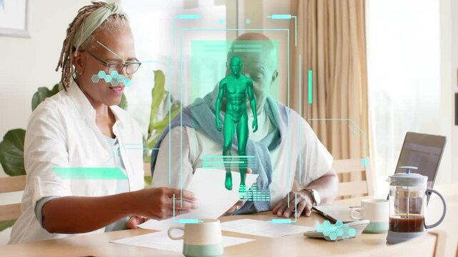 Senior pair reviewing health forms woman grabbing mug passing pages man holding pen 3D human center