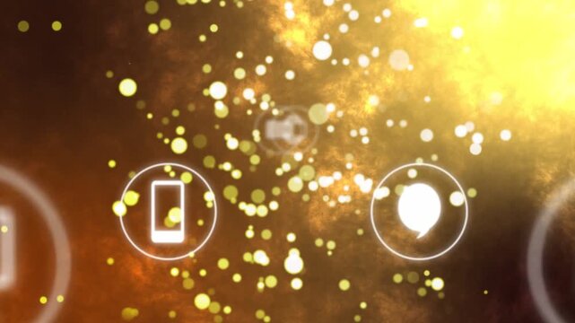 Monitor, mail, phone icons emerging from particle field, sliding into midline, showing tech links