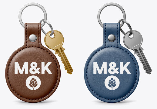 Leather keychain mockup with keys isolated on background