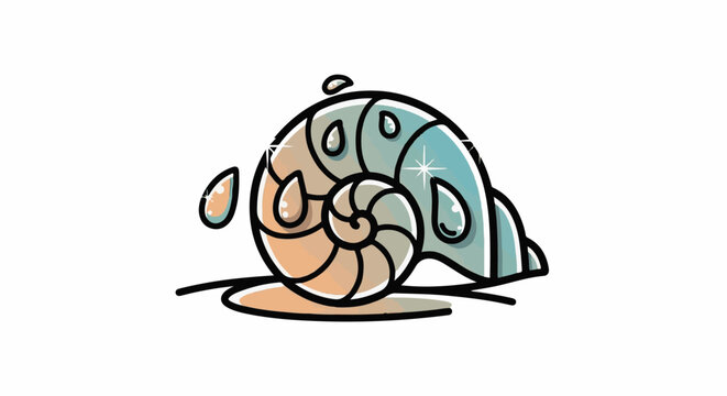 Stylized, illustrated nautilus shell with water droplets and sparkles