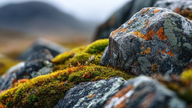 Close-up of moss and lichen covering rough, grey rocks in a natural, outdoor setting