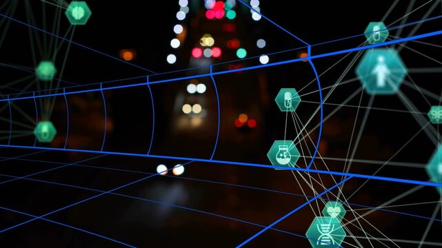 Wireframe grid appearing, hex medical nodes pulsing and aligning to visualize health network