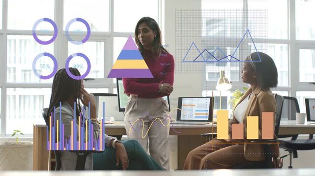 Left woman holding phone starting talk as lead guiding data review with live charts overlaying