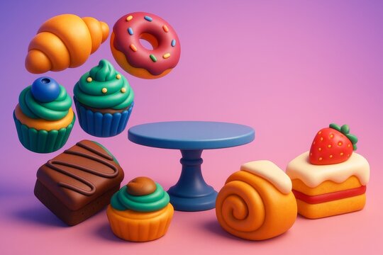 Colorful cartoon-style pastries with cupcakes, donut, and cake on pastel background with empty cake stand in center for design copyspace template. Ai generative