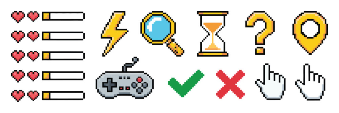 Pixel Game Menu Buttons Set, 8 Bit UI Controller Arrows, Level and Life Bars, Play, Stop, Menu Icons, Retro Gaming Interface GUI Vector Illustration for Mobile Games and App Design