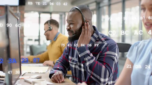 Support agent on call adjusting mic smiling typing helping caller code overlay floating