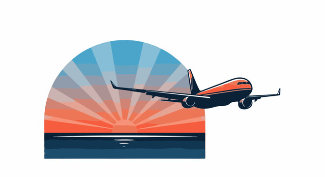 Stylized jetliner flies over ocean at sunrise against a radiant sunset backdrop