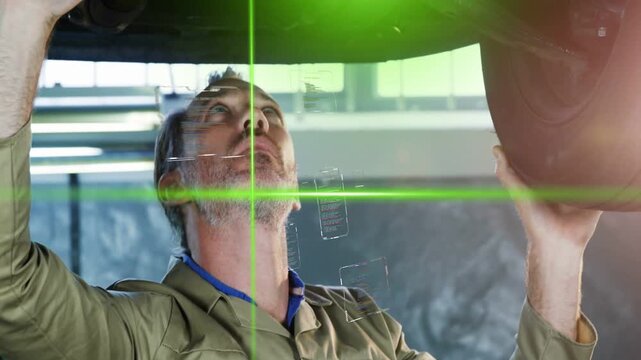 Male automotive technician raising wheel overhead activating green laser scan for alignment