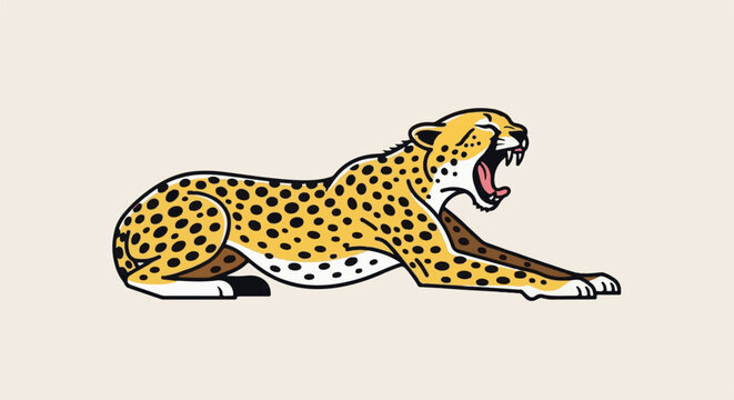 Stylized leopard with yellow fur, black spots, and open mouth