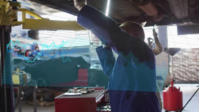 Auto tech fixing under vehicle after lift up, line-graphs sweeping across garage tagging faults