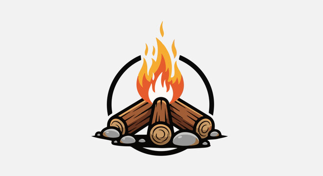Stylized campfire with logs and flames within a circular border