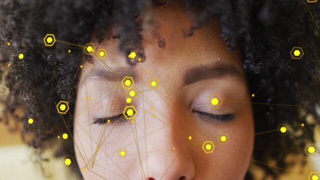 Adult woman still, gold hex nodes showing aligning to eye points, eyelids opening for biometrics