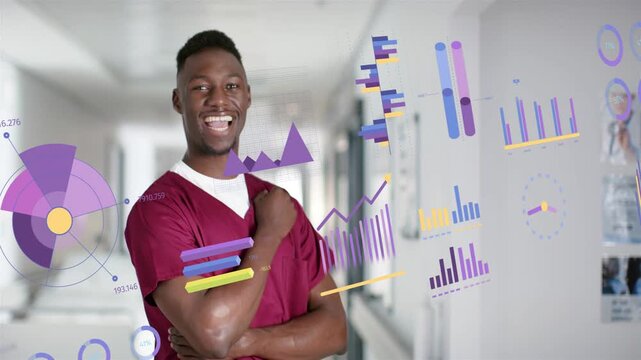Vertical video: Male medic posing in hall sparking moving charts over chest showing stats