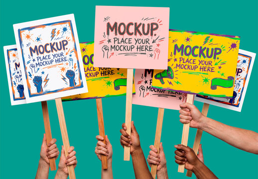 Blank protest signs held by diverse hands