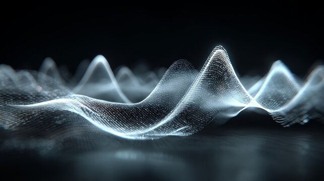 Abstract sound frequency visualization in minimal cinematic style, dark grid background with subtle glow, heavy low waves below and thin high frequencies above, calm professional audio atmosphere
