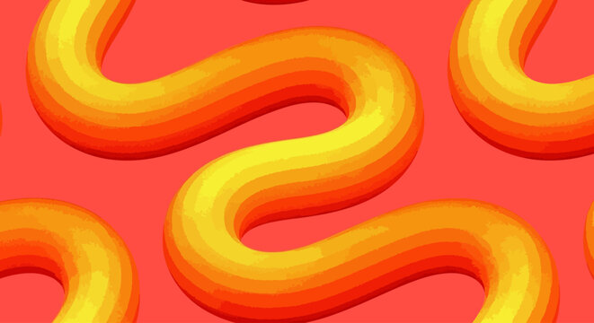 Dynamic seamless pattern with abstract orange and yellow three-dimensional wavy tubes on a vibrant red background, perfect for modern graphic design and digital art projects
