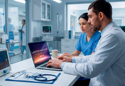 Doctors using laptop mockup in modern hospital office