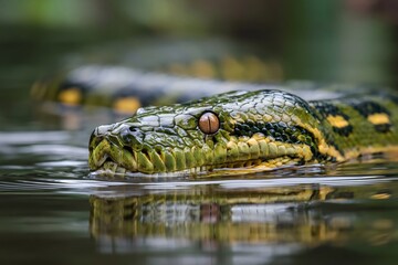 Obraz premium Green anaconda snake in water showing predator eyes