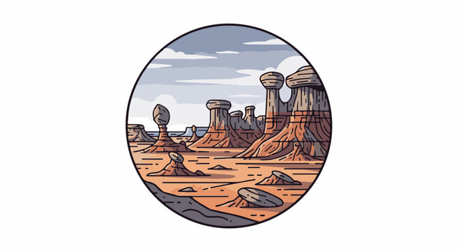 Stylized desert landscape with hoodoos under a cloudy sky