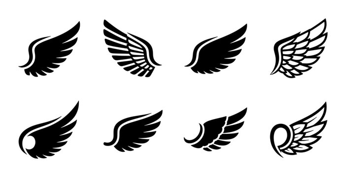 Stylized bird wings vector icons set, black feather wing silhouettes, 8 graphic wing elements for logo design and heraldry branding