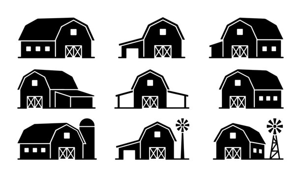 Rustic barn silhouettes set, 9 farm building icons with windmill and silo, black country ranch architecture vectors for agricultural branding