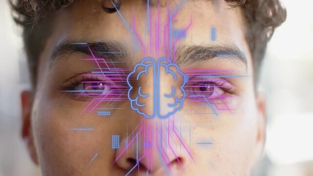Male facing brain icon appearing over face circuits pulsing code scrolling showing tech smiling