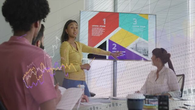 Presenter pointing at purple tile in business meeting, explaining sections with line graphs growing