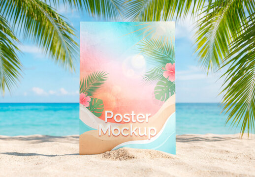 Blank paper poster mockup on tropical beach sand