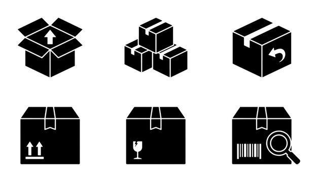 Logistics and shipping box icons set, black cardboard package symbols for delivery and warehouse, 6 vector elements for ecommerce and freight
